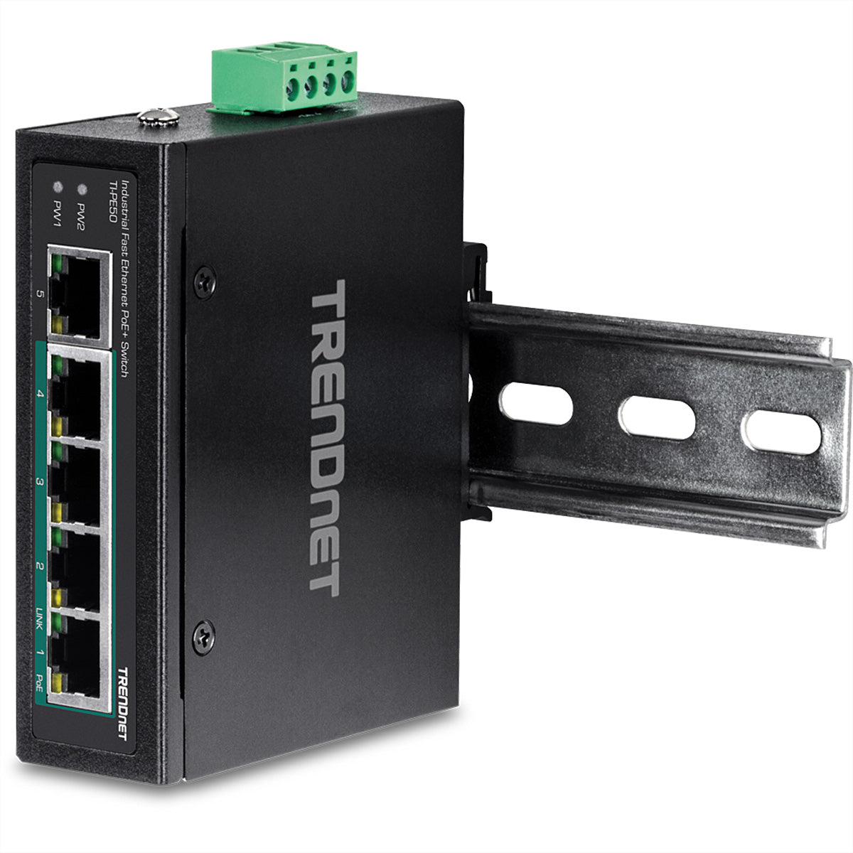 TRENDnet TI-PE50 – Netzwerk-Switch – 4×GbE, 1×Fast Ethernet, PoE+ 90 W, DIN-Rail, IP30
