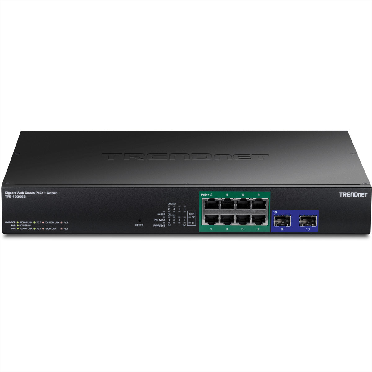 TRENDnet TPE-1020SB – Smart L2+ Switch – 8× 1G, 2× SFP, PoE++, PoE-Budget 180 W, 19", 1U