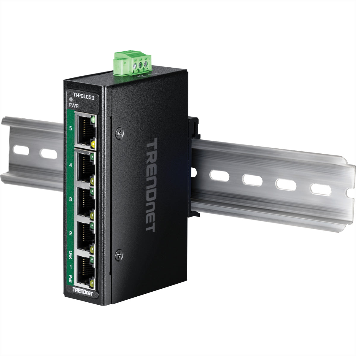 TRENDnet TI-PGLC50 – Unmanaged Switch – 4×PoE+ GbE, 1×GbE, PoE+ 90 W, DIN-Rail, IP30