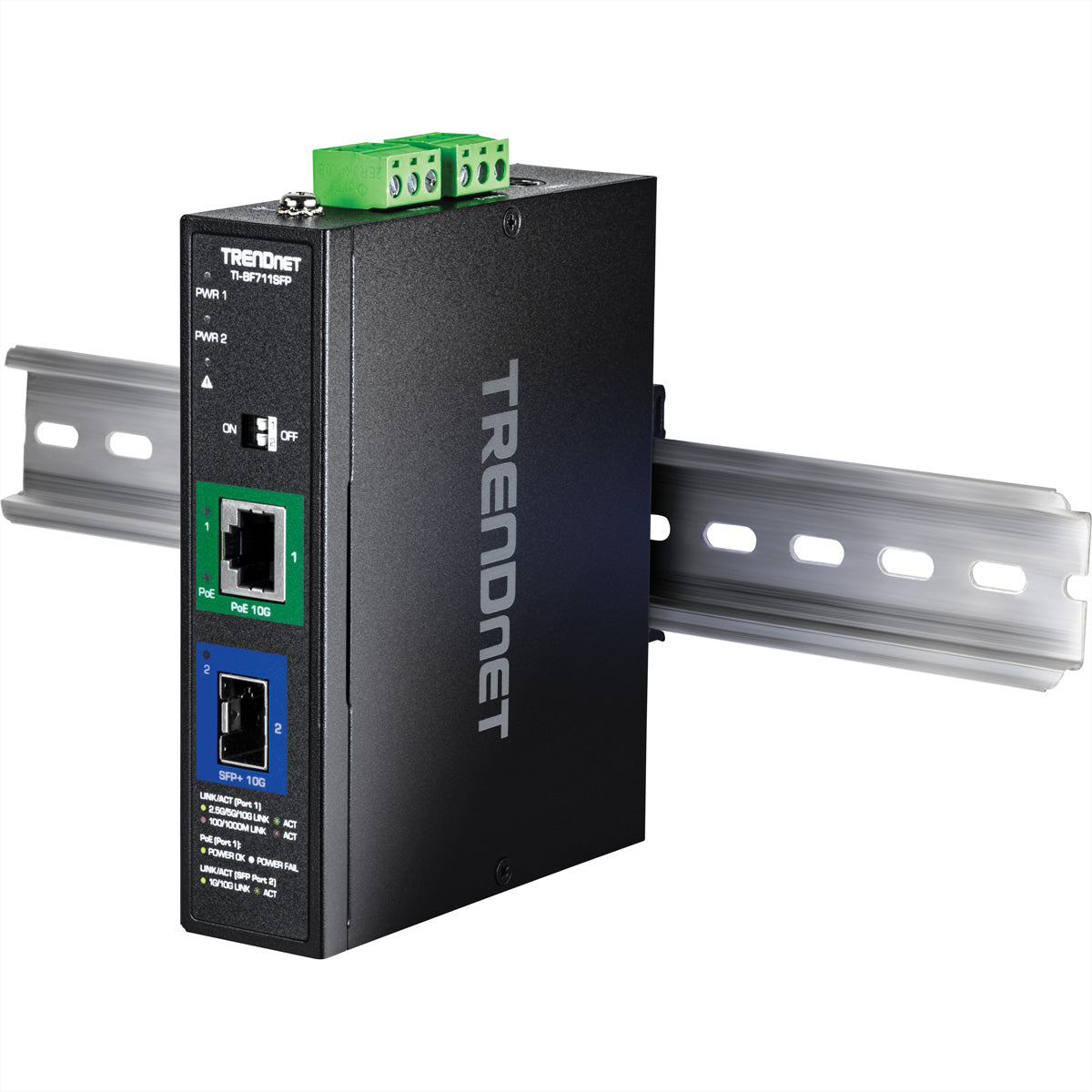 TRENDnet TI-BF711SFP – Industrieller Medienkonverter – 1× 10G RJ-45, 1× 10G SFP+, PoE++ 95 W, Hutschiene, IP50