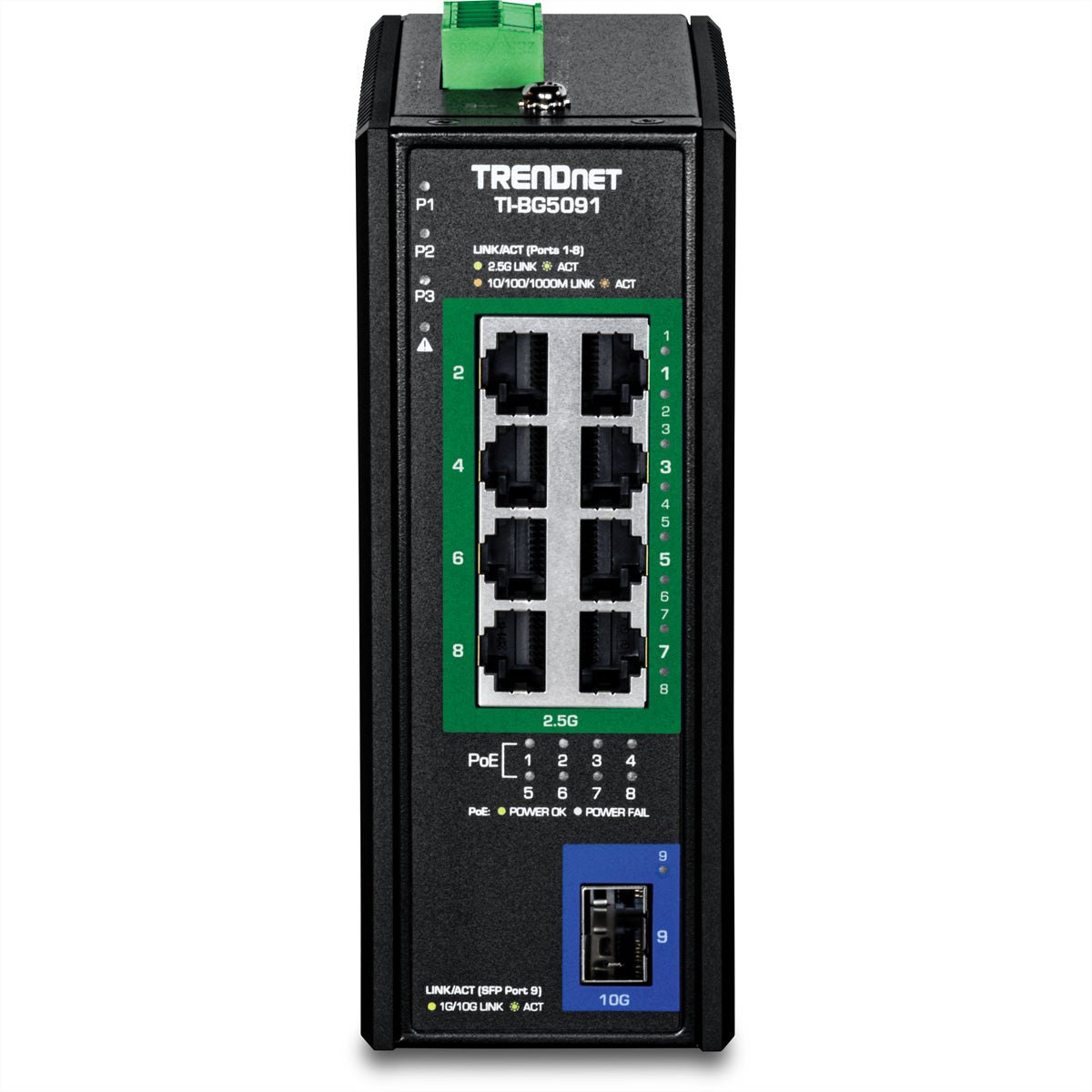 TRENDnet TI-BG5091B – Unmanaged Switch – 8× 2.5G PoE++, 1× SFP+, PoE-Budget 480 W, DIN-Rail