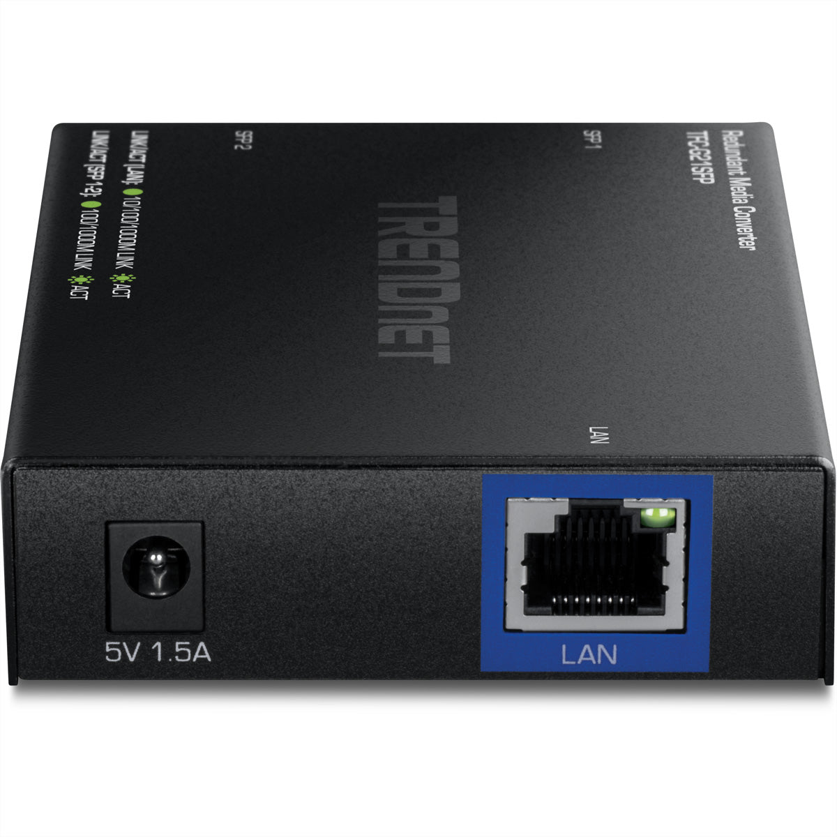 TRENDnet TFC-G21SFP Medienkonverter – RJ-45 zu 2× SFP, Gigabit (1000BASE-T), redundanter SFP-Uplink – Schwarz
