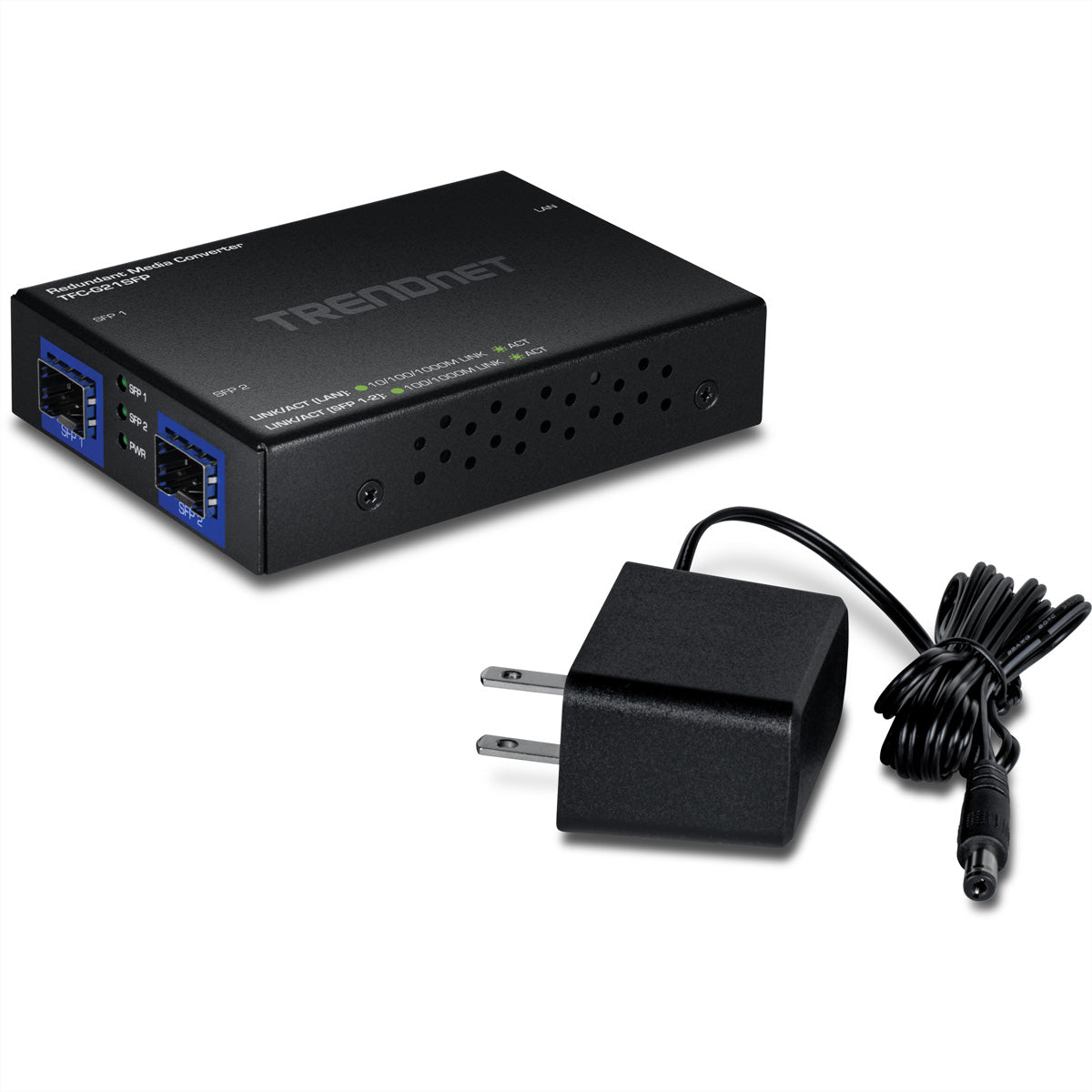 TRENDnet TFC-G21SFP Medienkonverter – RJ-45 zu 2× SFP, Gigabit (1000BASE-T), redundanter SFP-Uplink – Schwarz