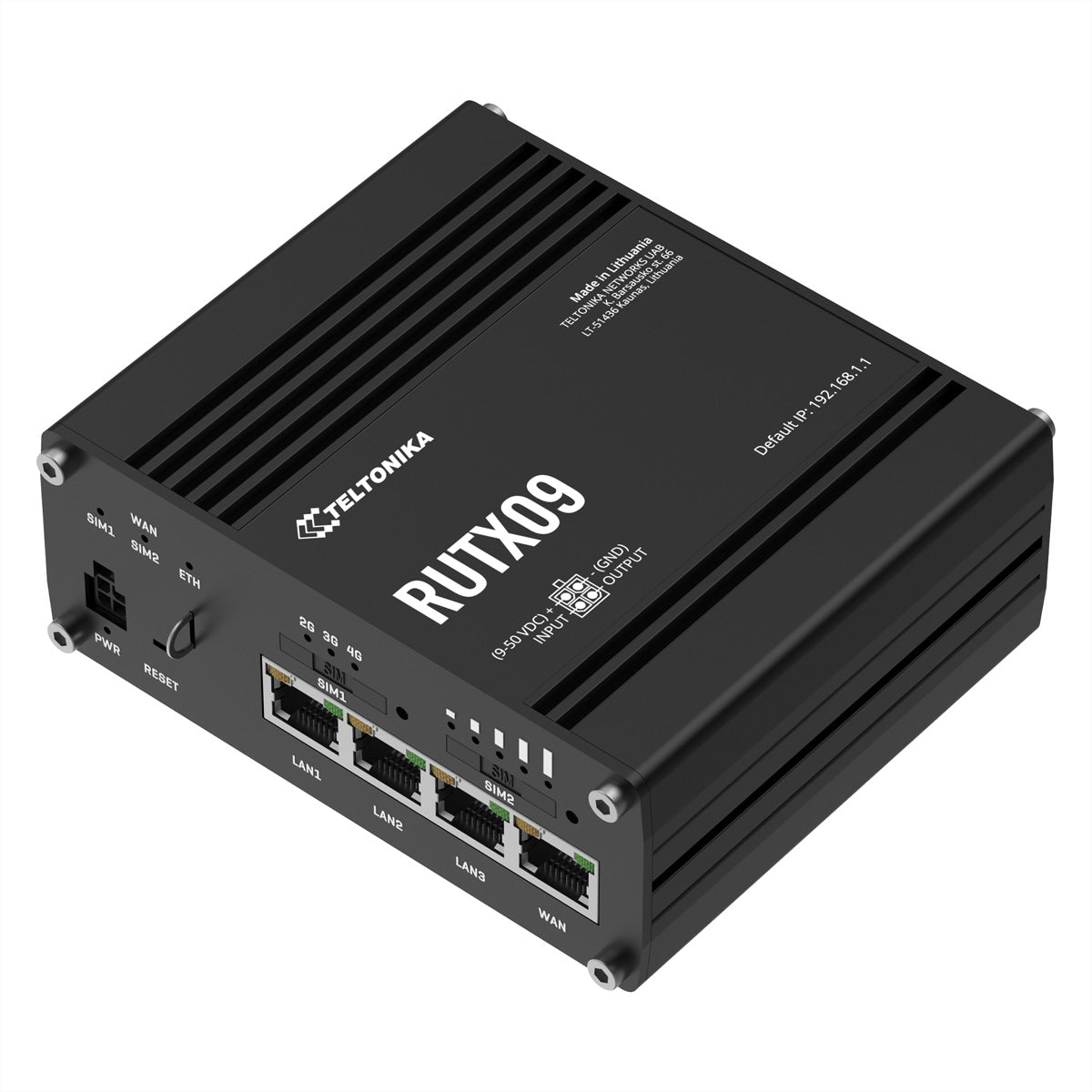 Teltonika RUTX09 Router – LTE‑A (Cat 6), Dual‑SIM, 3× Gigabit‑Ethernet (RJ‑45), GNSS, 9–50 V