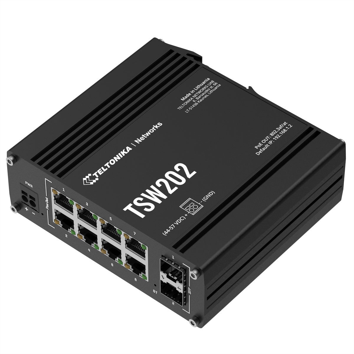 Teltonika TSW202 – Managed L2/L3 Switch – 8× 1G, 2× SFP, PoE+, PoE-Budget 240 W, DIN-Schiene