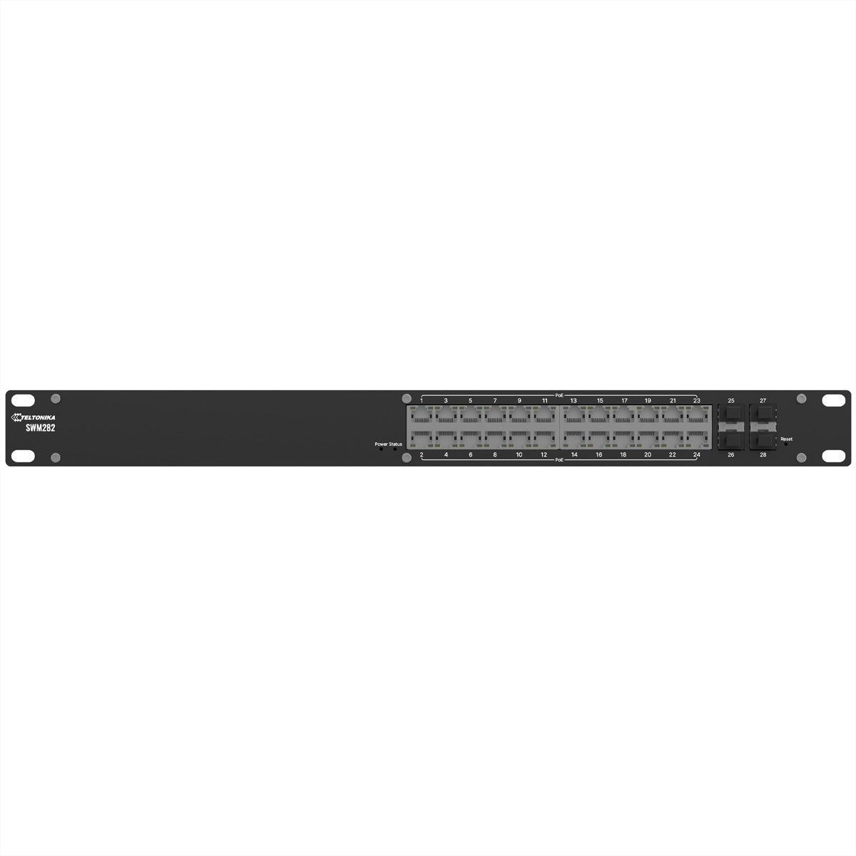 Teltonika SWM282 – Managed Switch – 24×GbE, 4×SFP, L2+, PoE+ 300 W, 19" Rack