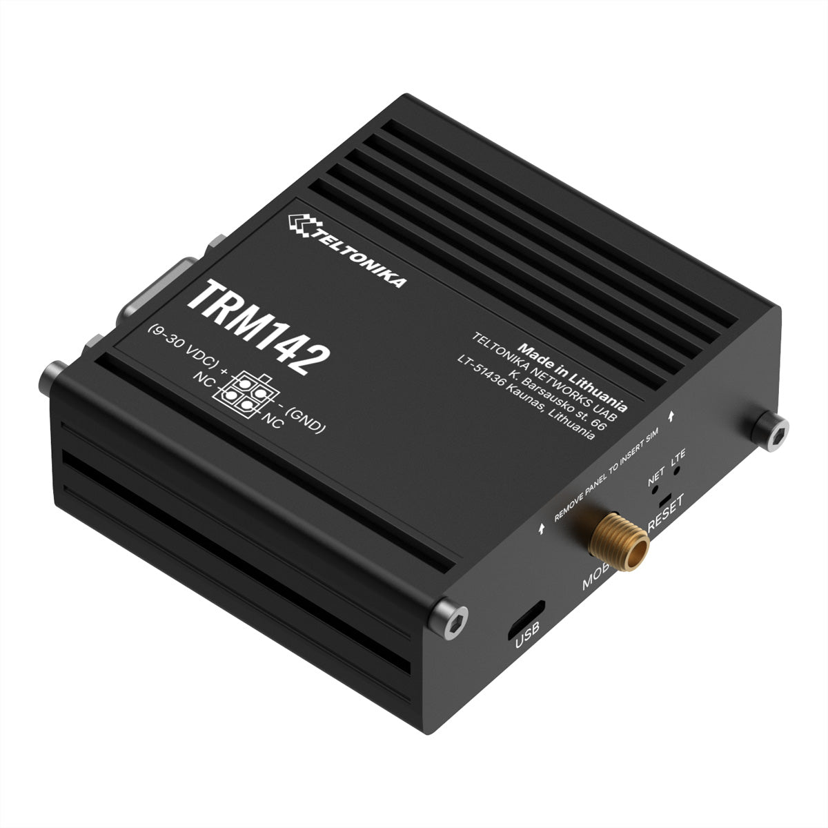 Teltonika TRM142 – 4G Modem, 2G/3G/4G, RS‑232 & Micro‑USB, Mini‑SIM, 9–30 V DC, Schwarz
