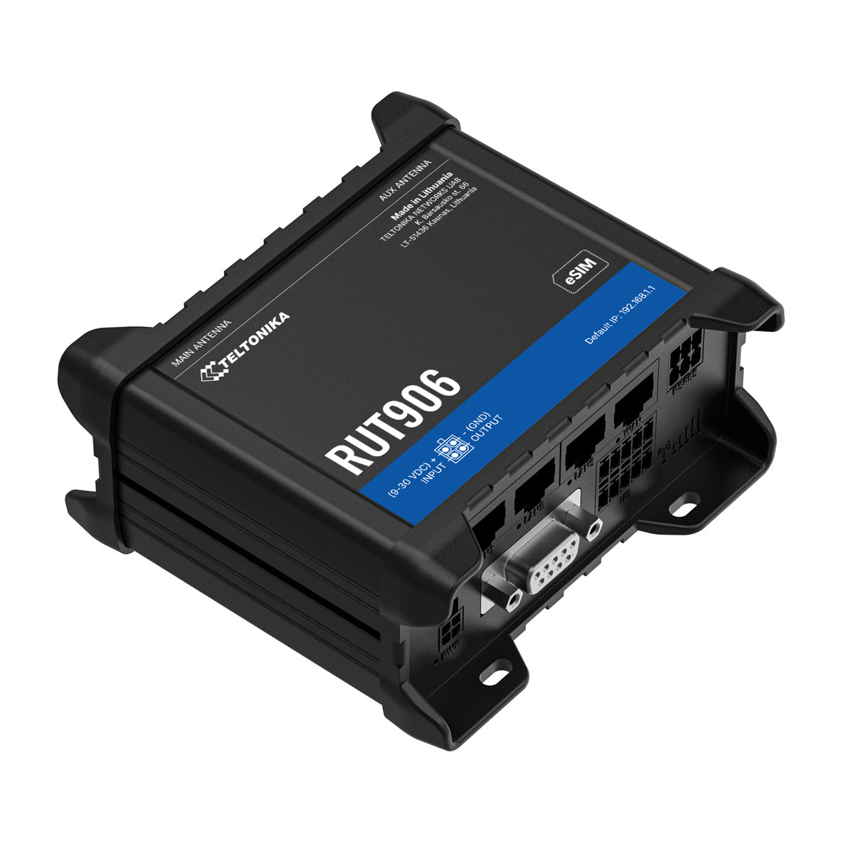 Teltonika RUT906 – 4G Router, Wi‑Fi 4 (2,4 GHz), 3× Fast Ethernet, RS232/RS485, Dual‑SIM (eSIM), Schwarz