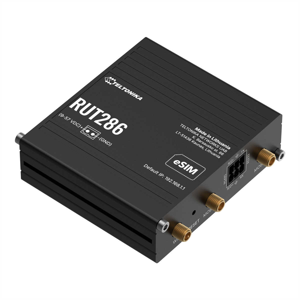 Teltonika RUT286 – LTE-Router, LTE (Kat 4), eSIM, 2x RJ-45 10/100 (WAN/LAN), RS232, RS485, PoE aktiv/passiv