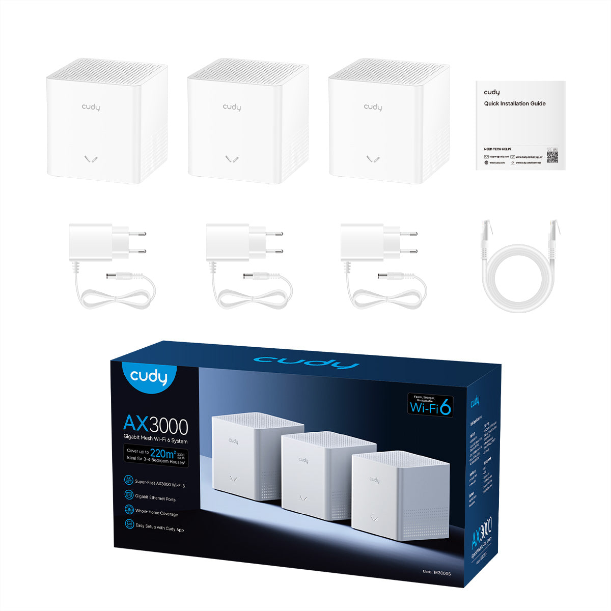 Cudy M3000S Mesh-Set (3er) – Wi-Fi 6 (AX3000), Dual-Band, bis 3 Gbit/s, je 2× 1G