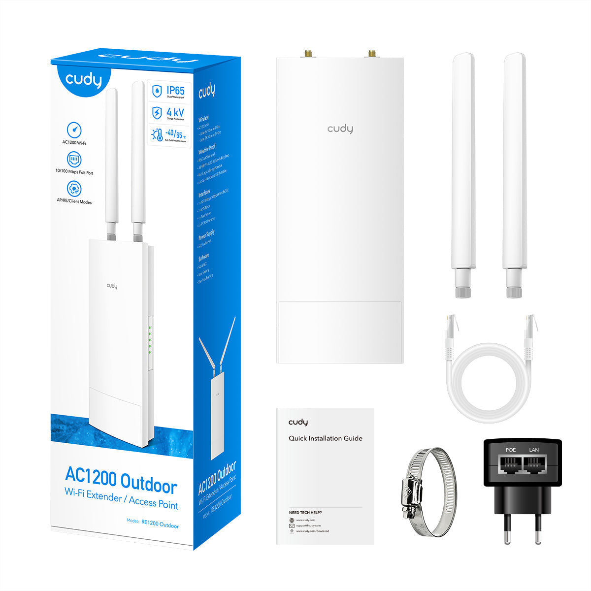 Cudy RE1200 – Access Point – Wi‑Fi 5 (2,4/5 GHz), 1,2 Gbit/s, PoE 12 W, Wand/Mast