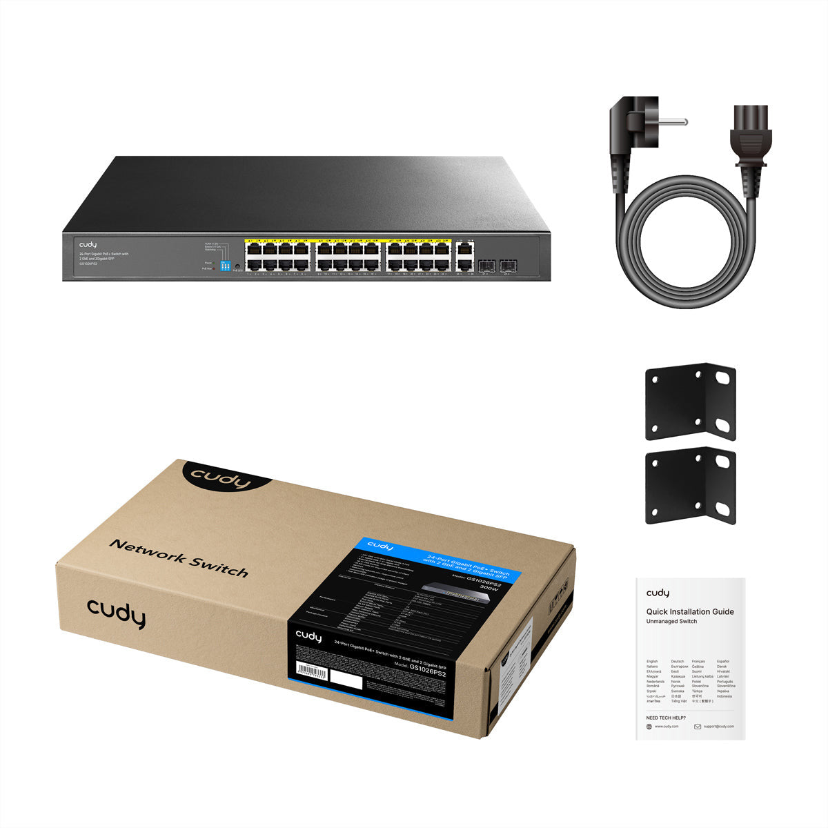 Cudy GS1026PS2 – Unmanaged Switch – 24× 1G, 2× 1G Uplink, 2× SFP, PoE+, PoE-Budget 300 W, 19"