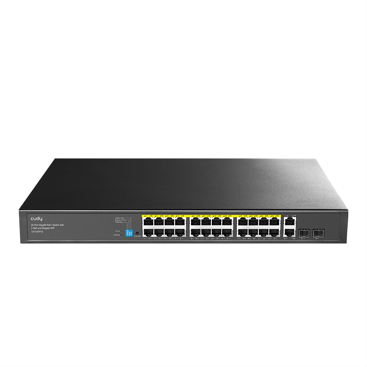 Cudy GS1026PS2 – Unmanaged Switch – 24× 1G, 2× 1G Uplink, 2× SFP, PoE+, PoE-Budget 300 W, 19"