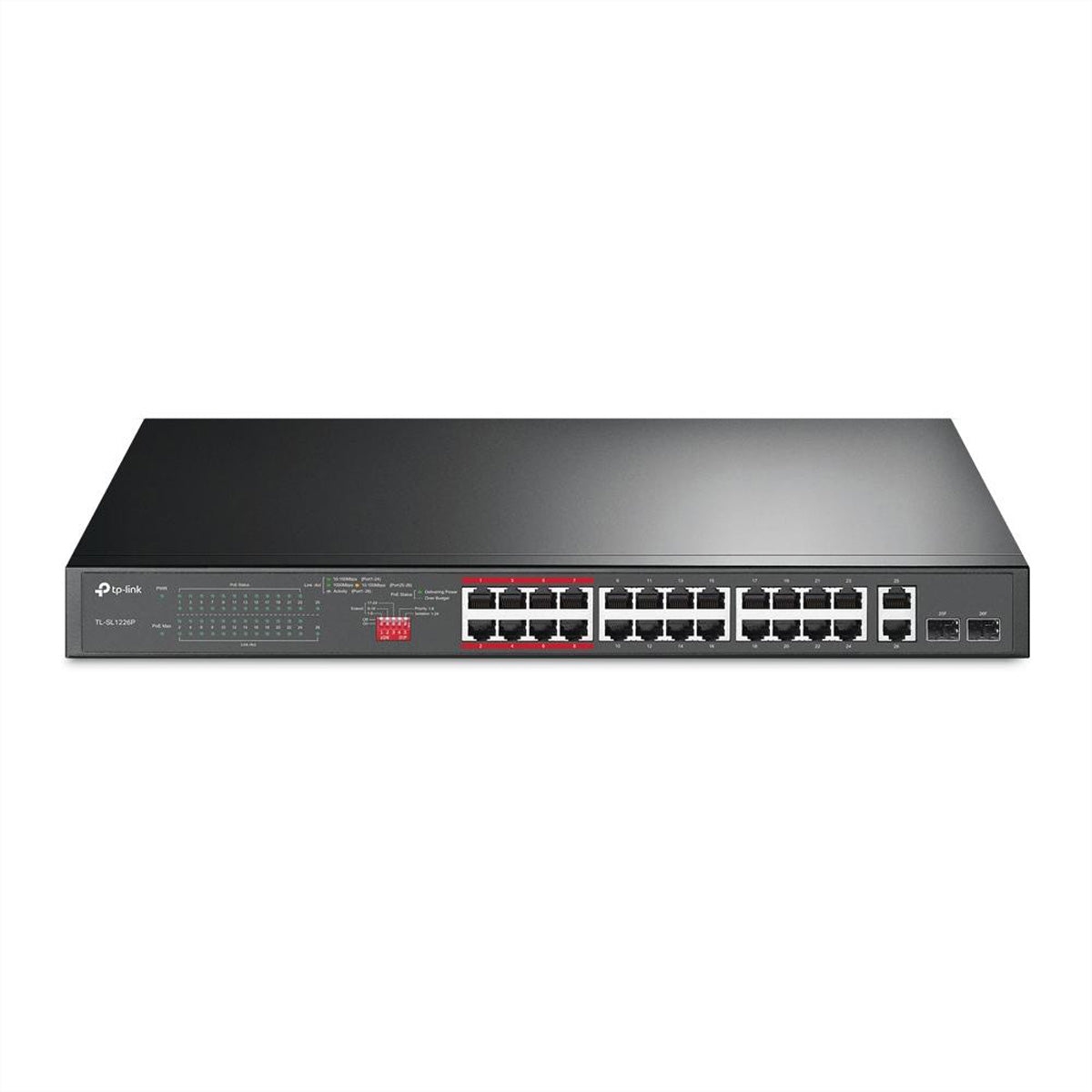 TP-Link TL-SL1226P – Switch – 24×100 Mbit/s, 2×GbE, 2×SFP, PoE+ 250 W, 1U, 19" Rack