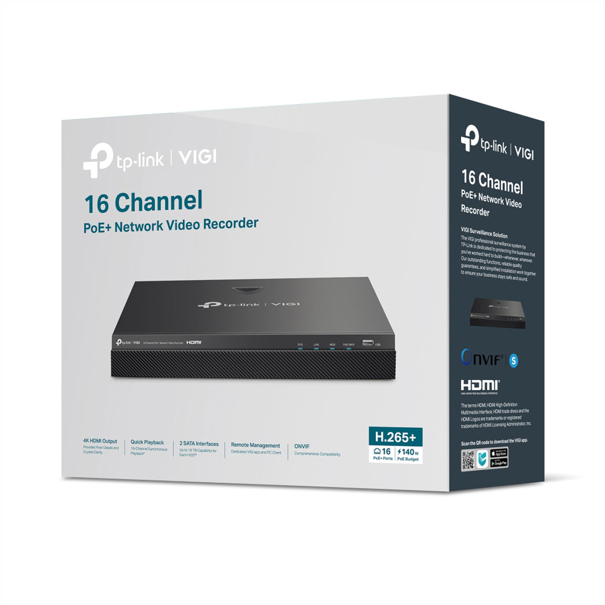 TP-Link VIGI NVR2016H-16MP – 19" Rackmount/Tower – 16 Kanäle – 4K HDMI – 16× PoE (140 W)