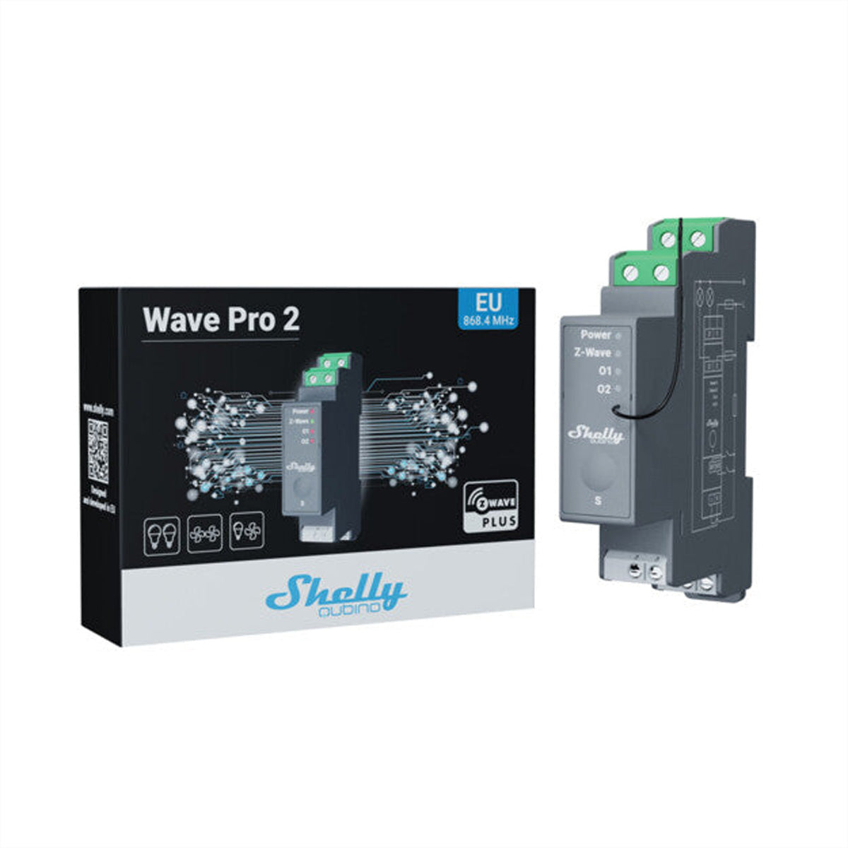 Shelly Wave Pro 2 – Schaltaktor – 2 Kanäle, 16 A pro Kanal, DIN-Schiene – für Z-Wave