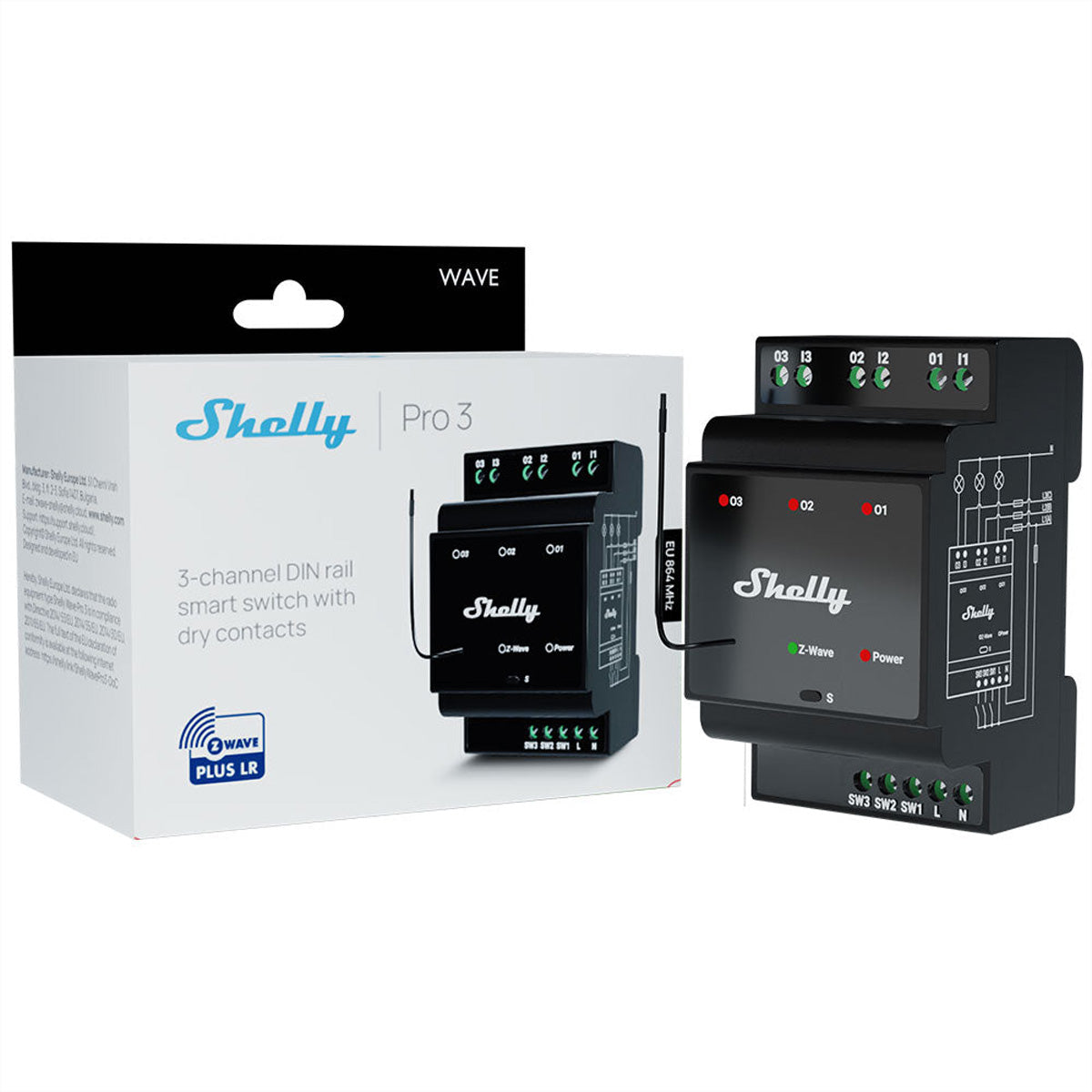 Shelly Wave Pro 3 EU LR – Smart-Hub/Bridge – Z-Wave, 3 Kanäle, 16 A pro Kanal, DIN-Schienen-Montage