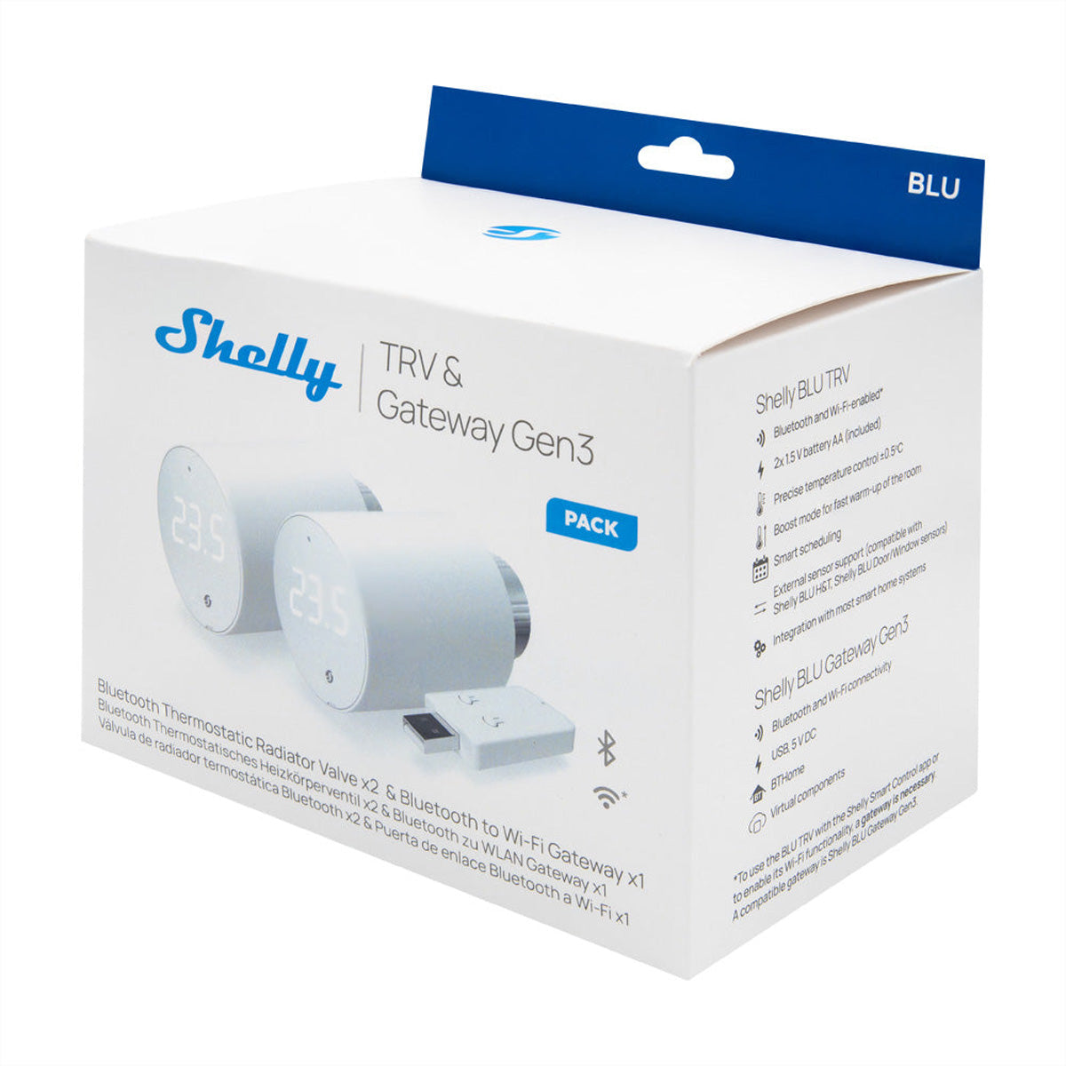Shelly BLU TRV – Heizkörperthermostat – Bluetooth, WLAN – für Ventile mit M30×1,5 mm Gewinde – 3er-Set