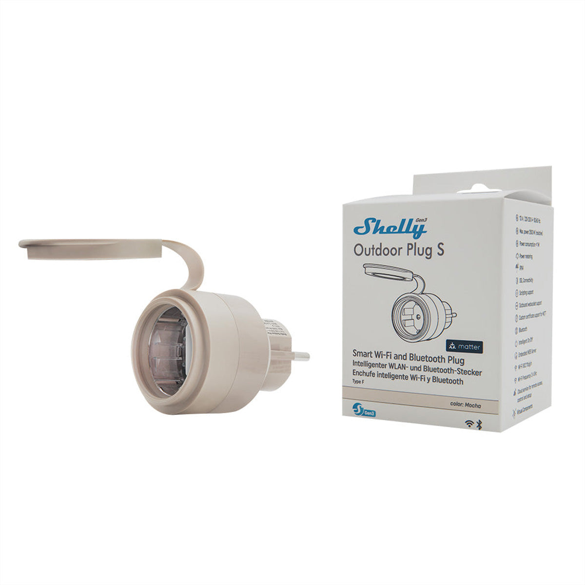 Shelly Outdoor Plug S – Smart-Steckdose – WLAN, Bluetooth, 12 A, IP44 – für Amazon Alexa, Google Home, Matter