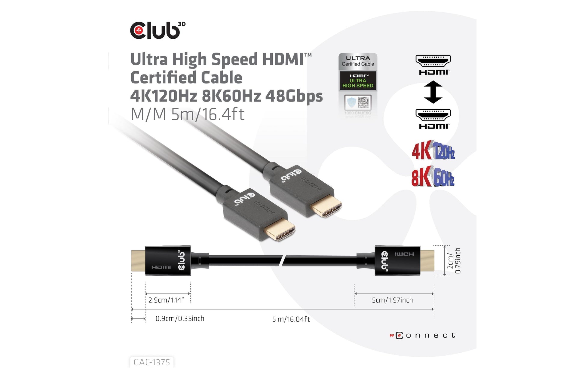 CLUB3D Club 3D HDMI Kabel HDMI 2.1 8K 60 Hz – 5 m – ARC – für Windows, Mac