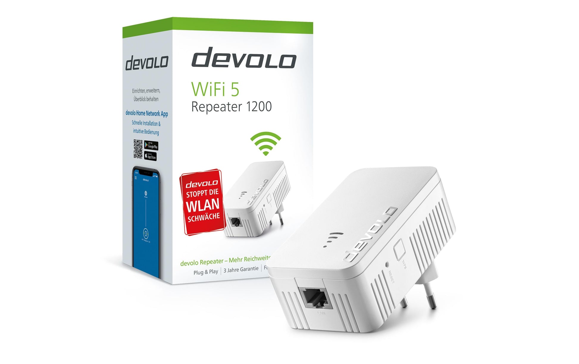 Devolo WiFi 5 Repeater 1200 – WLAN-Repeater – Wi-Fi 5 (802.11ac), Dual-Band, 1× 1G RJ-45, Weiss