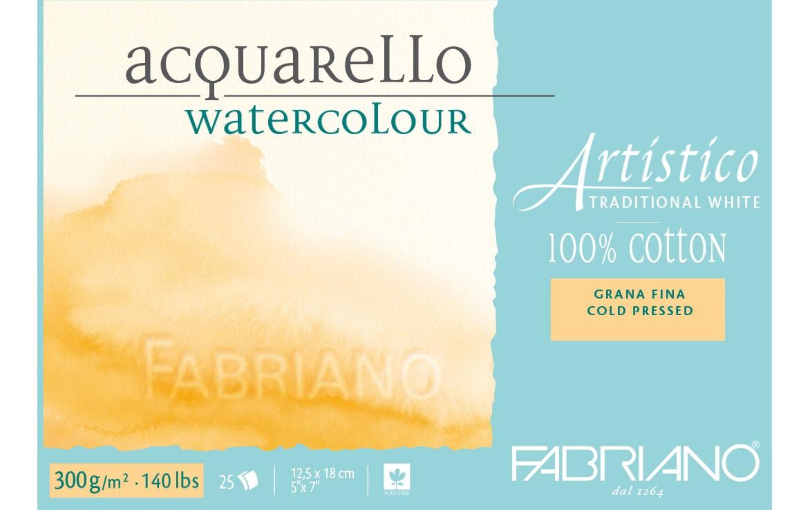 Fabriano Artistico Aquarellblock – 12,5 × 18 cm – 300 g/m² – 25 Blatt, weiss, kaltgepresst