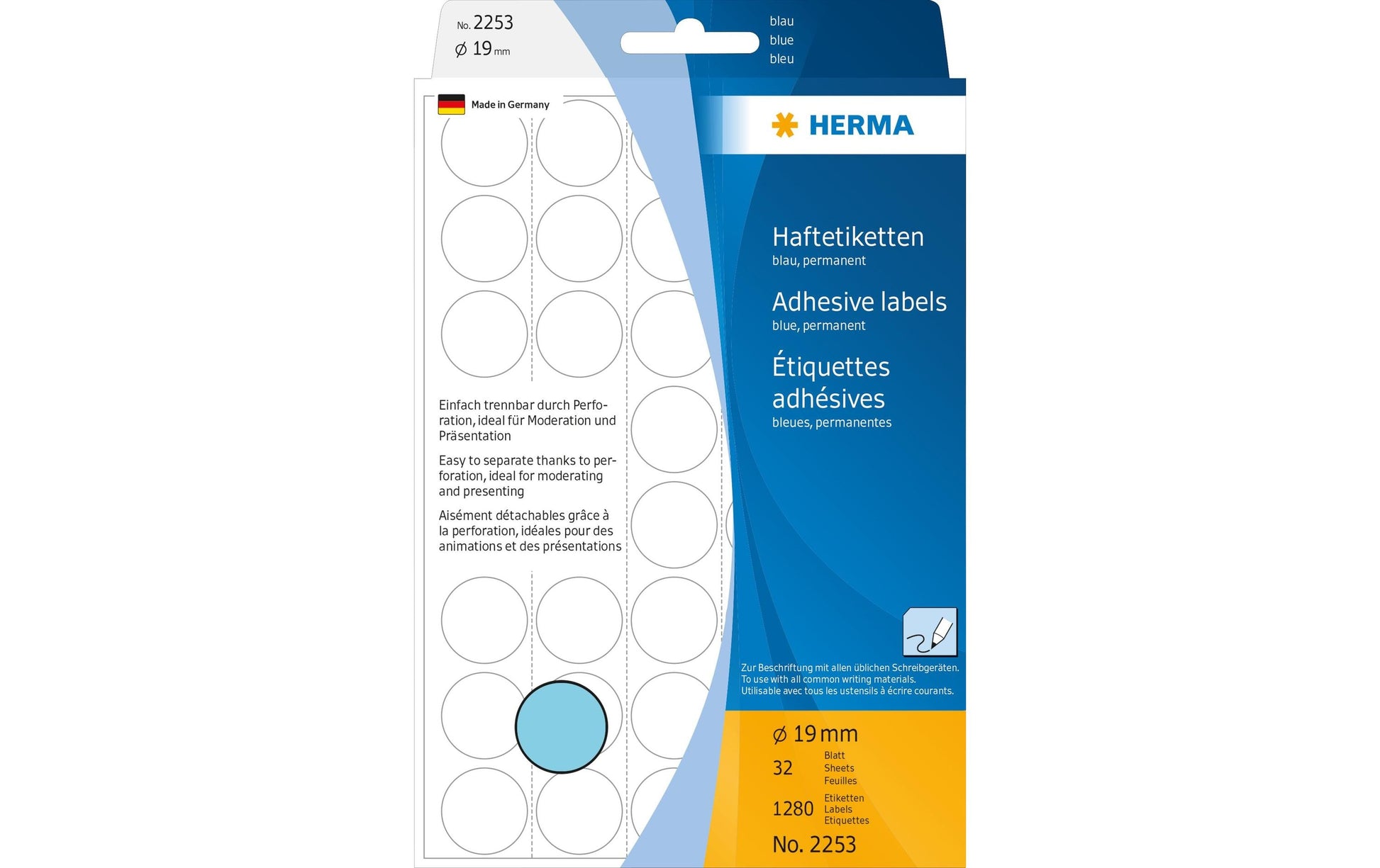 HERMA Haftetiketten – rund Ø 19 mm, permanent, blau, 111 × 170 mm, 32 Blätter (1'280 Stk.)