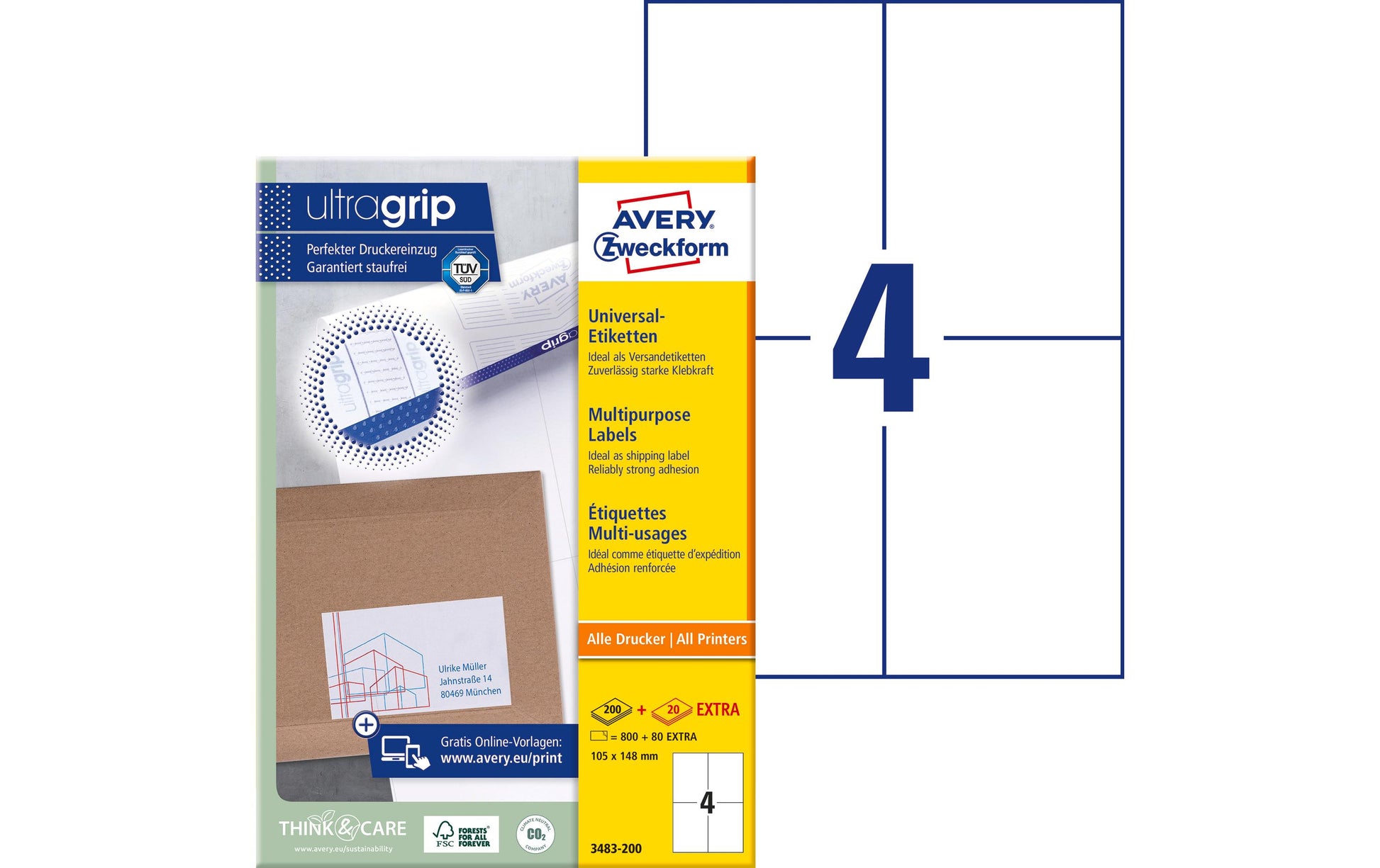 Avery Etiketten, 105 mm × 148 mm, weiss, Papier, permanent, 220 Blatt (880 Etiketten)