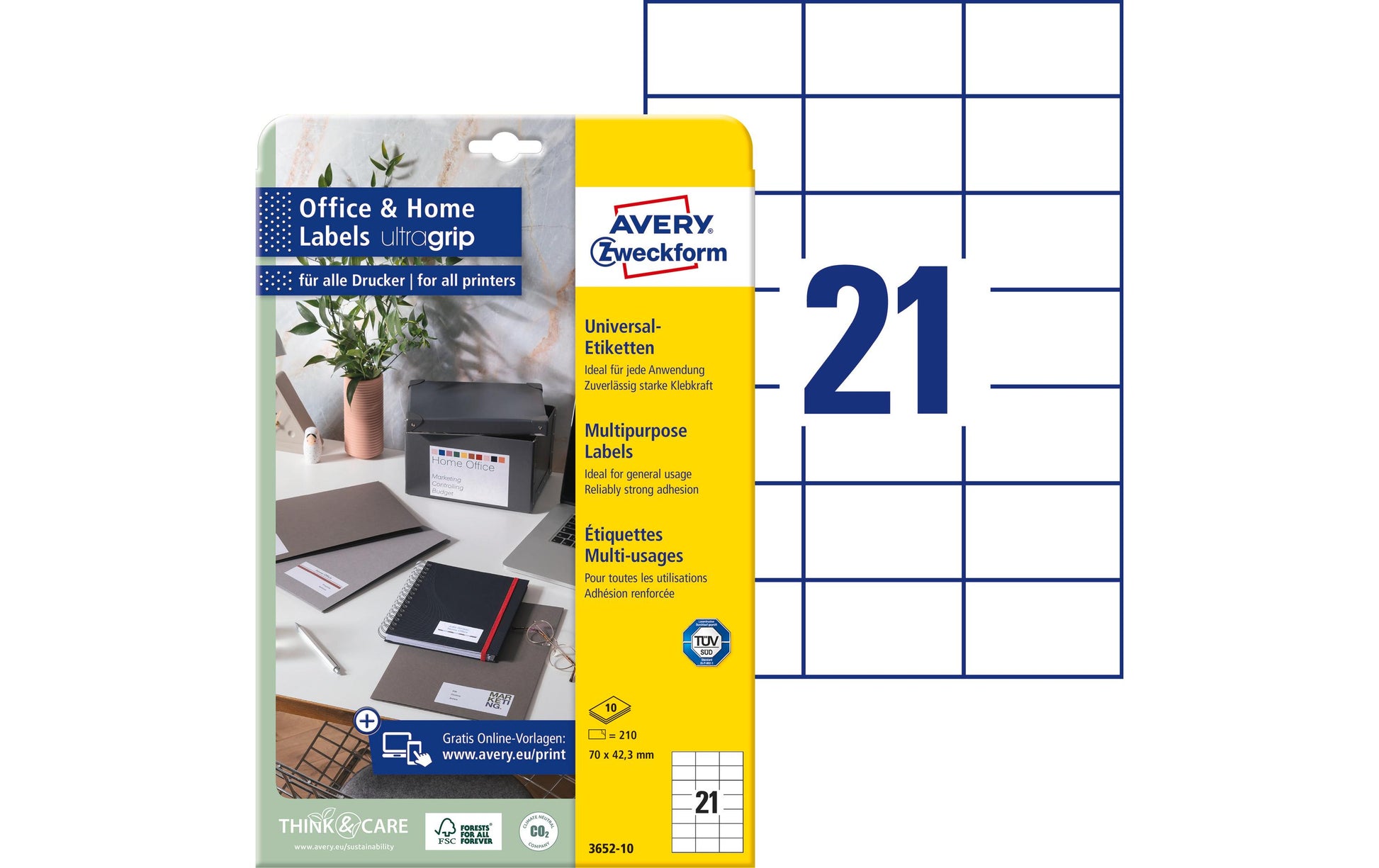 Avery Druckeretiketten, 70 mm × 42,3 mm, weiss, Papier, permanent, 220 Bogen (4'620 Etiketten)