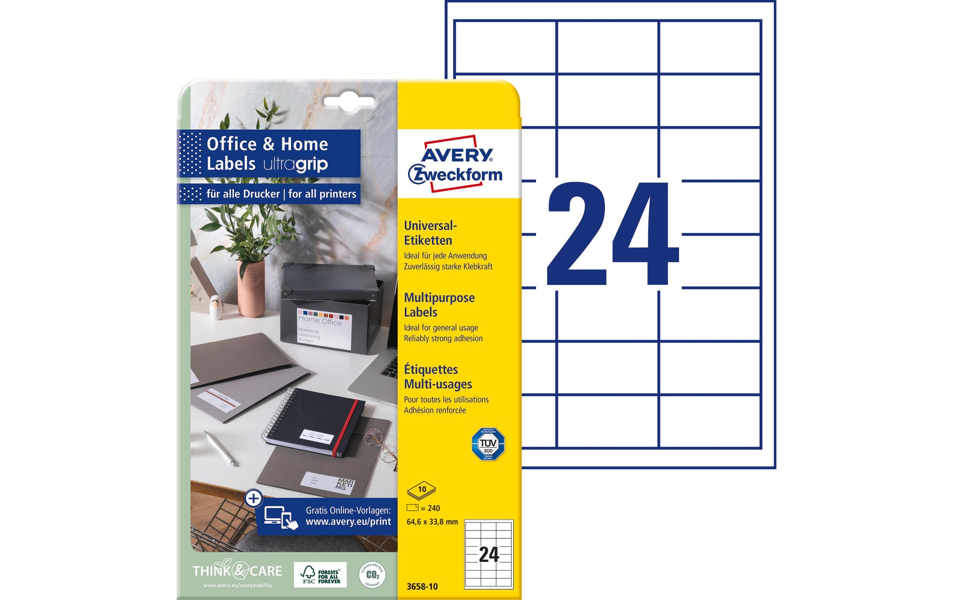 AVERY Zweckform 3658-10 – Etiketten A4 65 × 34 mm – Papier, weiss – permanent haftend – 24 pro Blatt, 10 Blätter