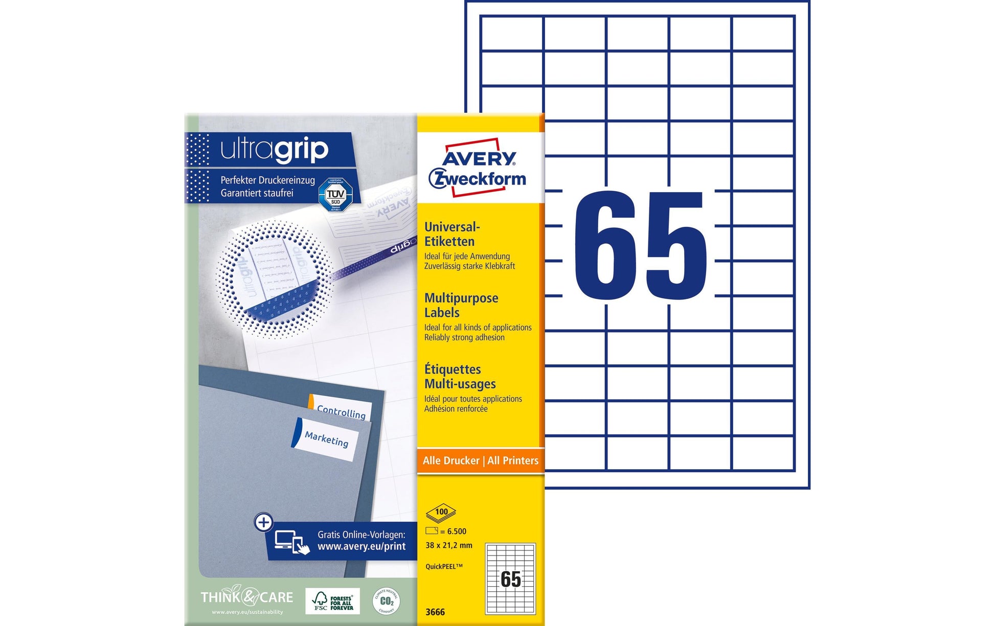 Avery Etiketten QuickPEEL, 38 mm × 21 mm, weiss, Papier, permanent, 100 Blatt (6500 Etiketten)