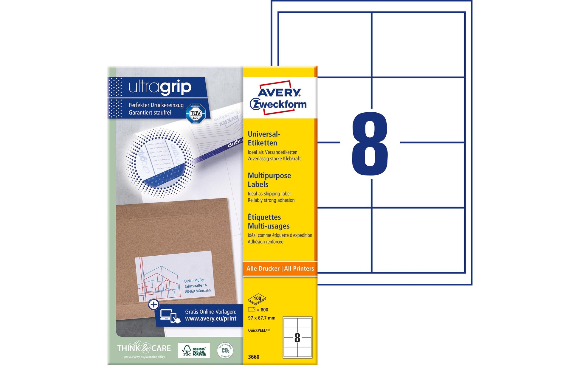 Avery Druckeretiketten, 97 mm × 68 mm, weiss, Papier, selbstklebend, 800 Etiketten (100 Blatt)