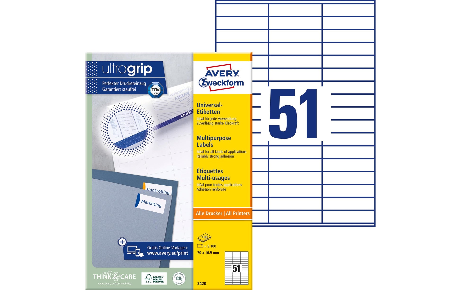 Avery UltraGrip Bogenetiketten, 70 mm × 17 mm, weiss, Papier, permanent, 100 Blatt (5'100 Etiketten)