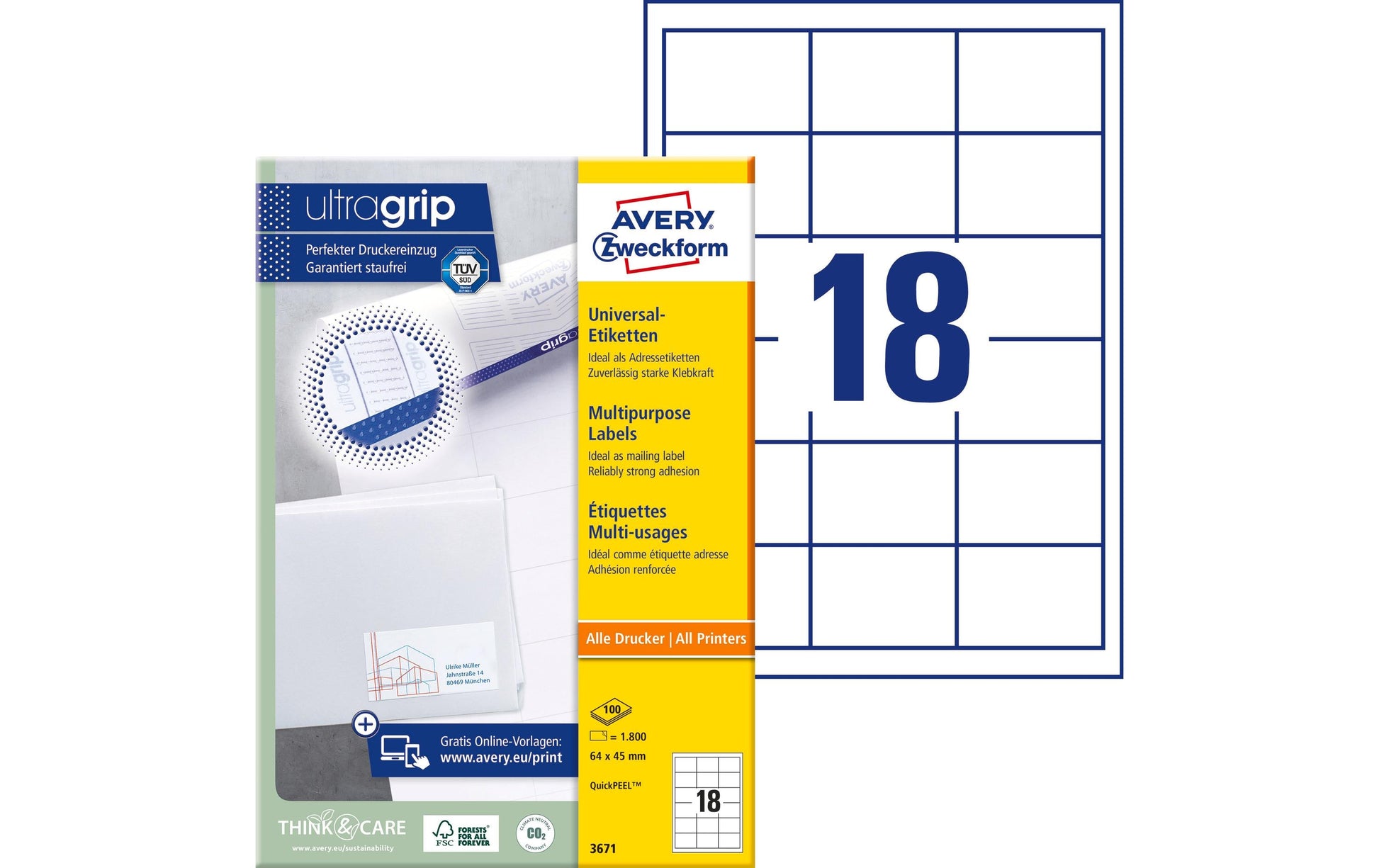 Avery Zweckform – Etiketten A4 64 × 45 mm – Papier, weiss – permanent haftend – 18 pro Blatt, 100 Blätter
