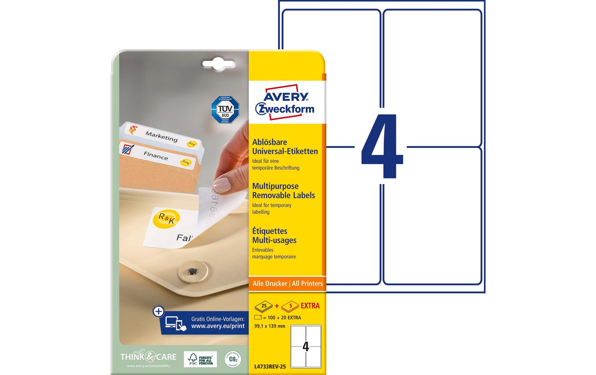 Avery Etiketten, 99,1 mm × 139 mm, weiss, Papier, wiederablösbar, 30 Blätter (120 Etiketten)