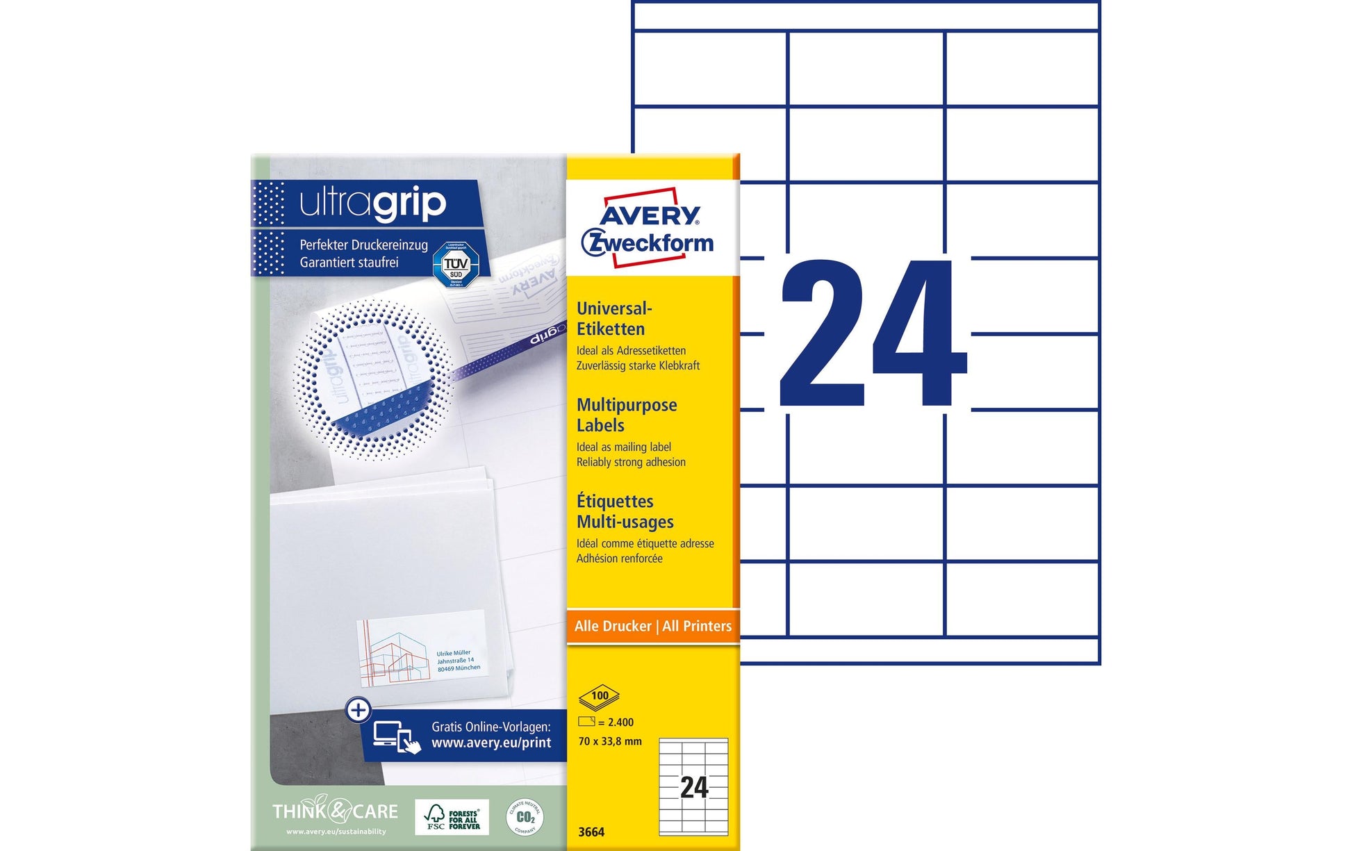 Avery Druckeretiketten, 70 mm × 34 mm, weiss, Papier, permanent, 2400 Etiketten (100 Blatt)