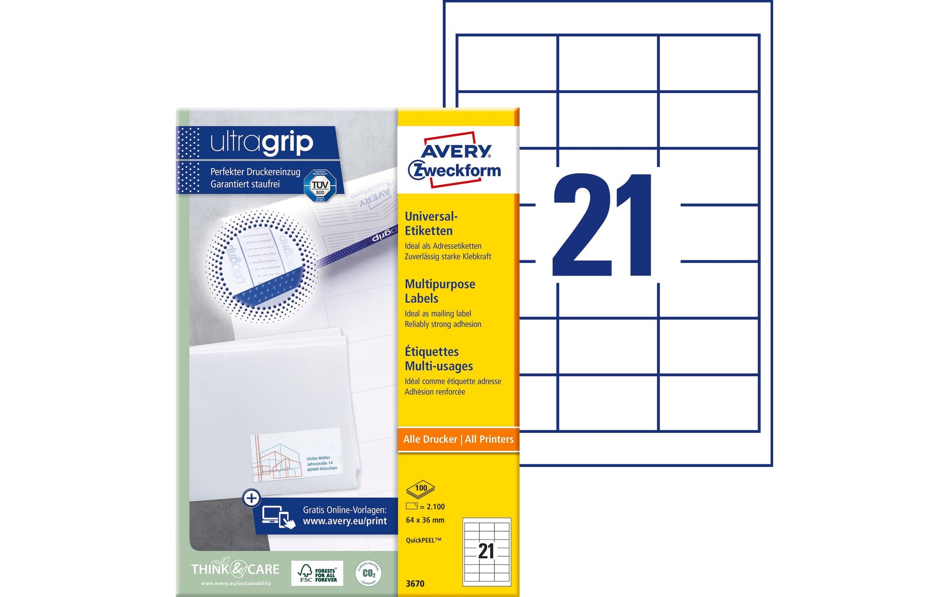 Avery Zweckform – Etiketten A4 64 × 36 mm – Papier, weiss – permanent haftend – Laser/Inkjet – (2'100 Stk.)