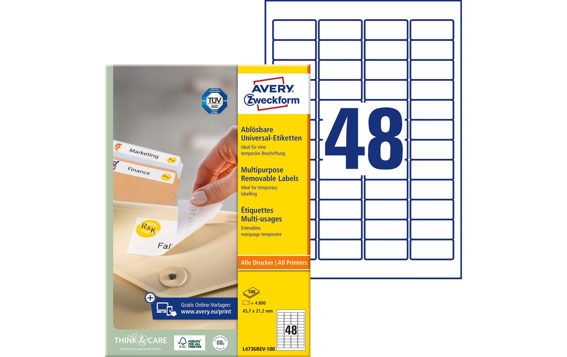 Avery Zweckform – Etiketten A4 46 × 21 mm – Papier, weiss – wiederablösbar – 48 pro Blatt, 100 Blätter (4800 Stk.)