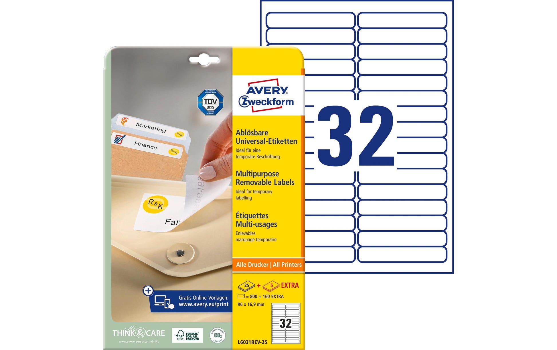 Avery L6031REV2 – Etiketten A4 96 × 17 mm – Papier, weiss – wiederablösbar – Laser/Inkjet – 25 Blätter