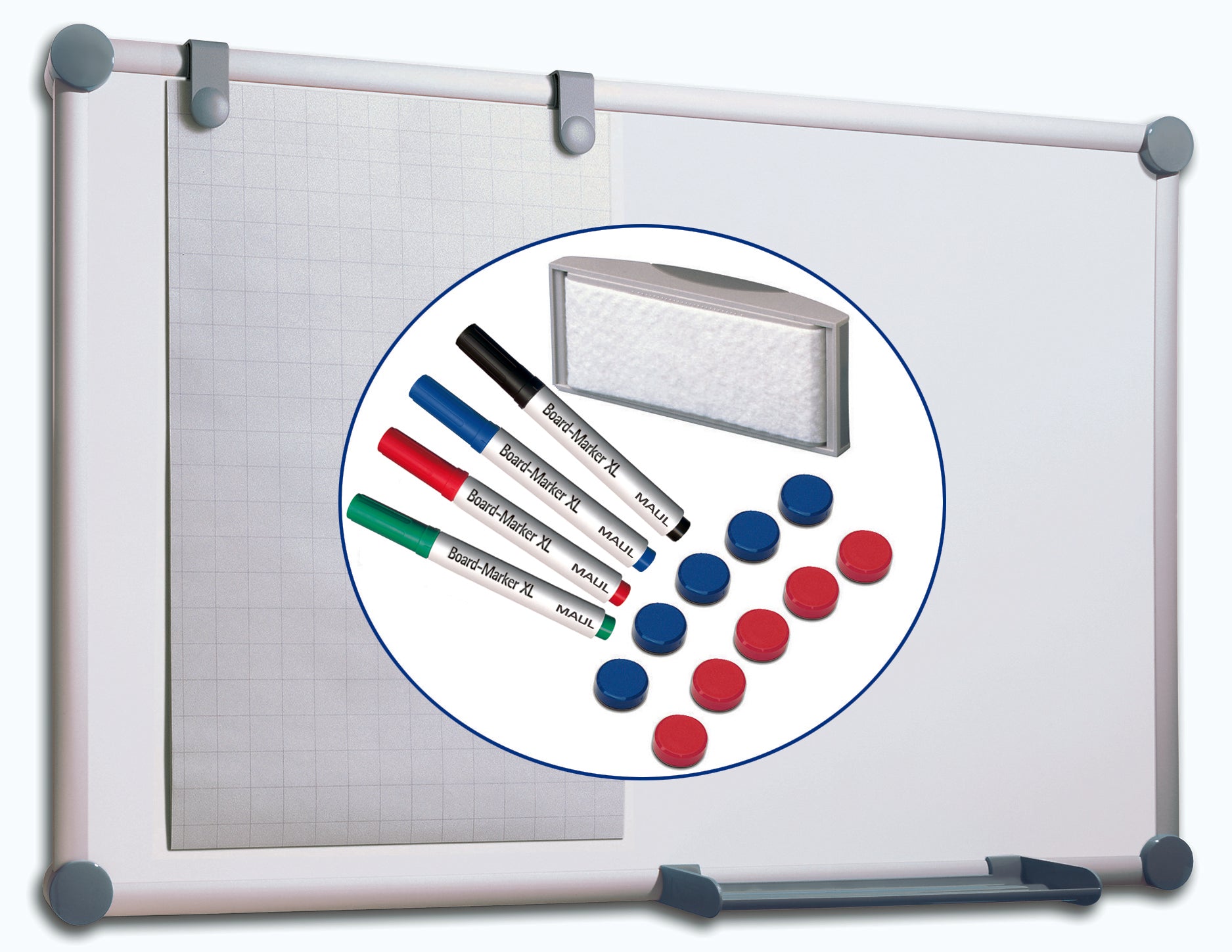 MAUL Whiteboard – 90 × 120 cm, Aluminiumrahmen, Wandmontage, inkl. 4 Marker, Tafellöscher, Ablageschale