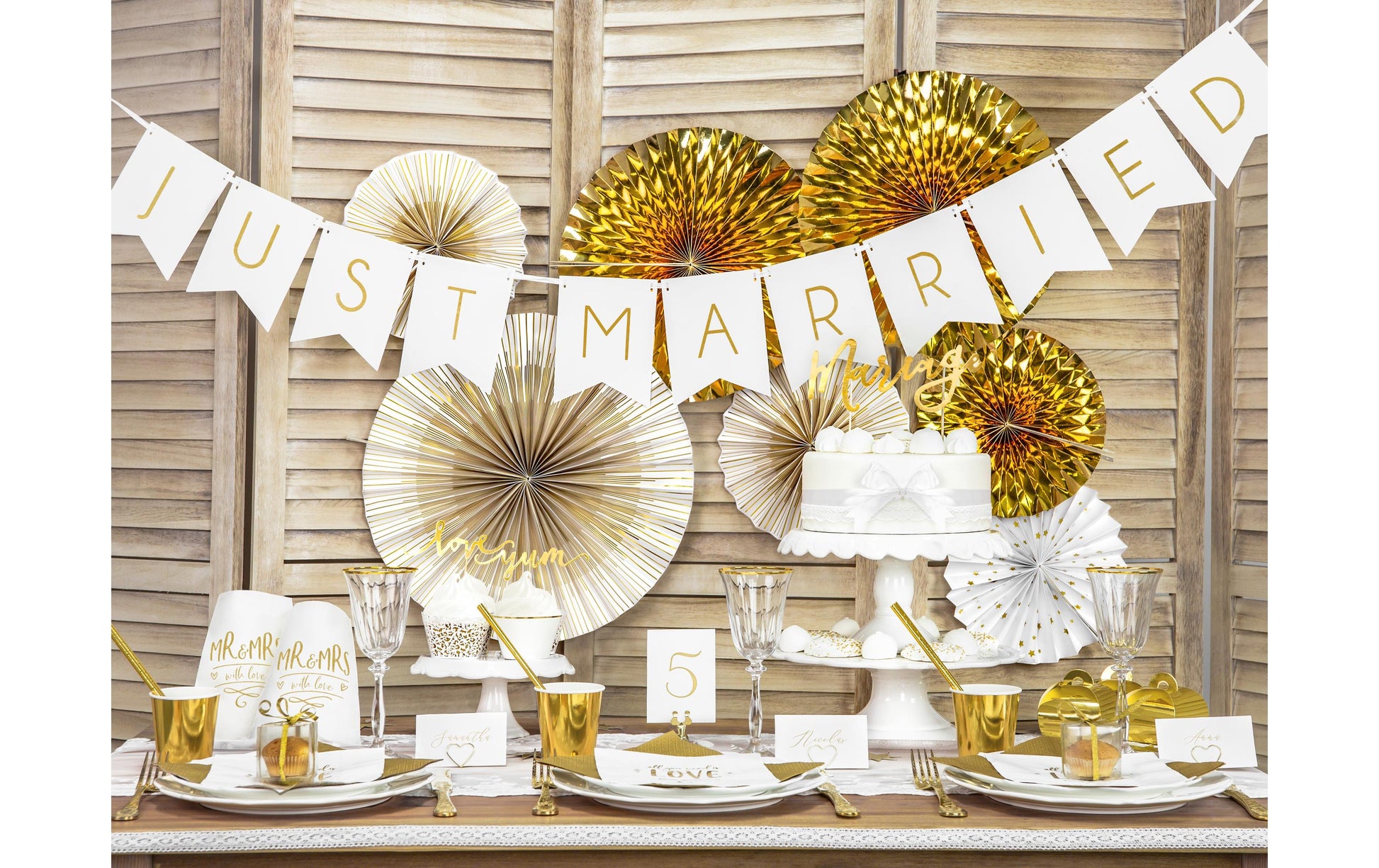 PartyDeco Rosetten – Weiss/Gold – 23, 32, 40 cm – 4 Stk – für Wand