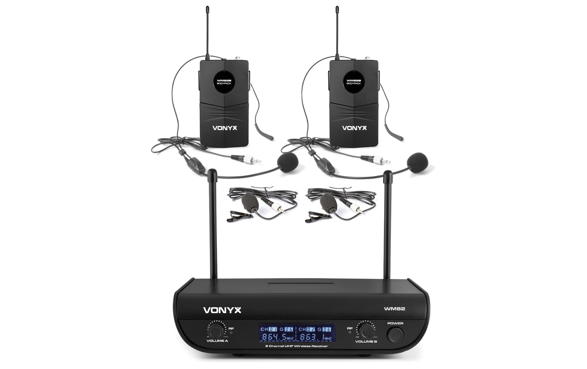 Vonyx WM82B Lavaliermikrofon 2er-Set – 6,3 mm Klinke/XLR, Kabellos (863,1–864,5 MHz), Niere, 30–20'000 Hz