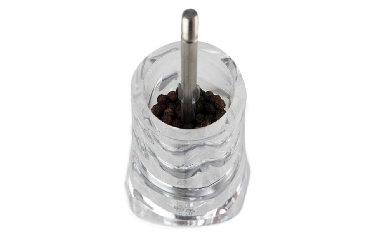 Peugeot Pfeffermühle Ouessant – Einstellbares Mahlwerk, Abnehmbarer Deckel – Acryl/Stahl – Transparent – 14 cm