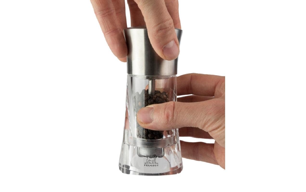 Peugeot Pfeffermühle Ouessant – Einstellbares Mahlwerk, Abnehmbarer Deckel – Acryl/Stahl – Transparent – 14 cm