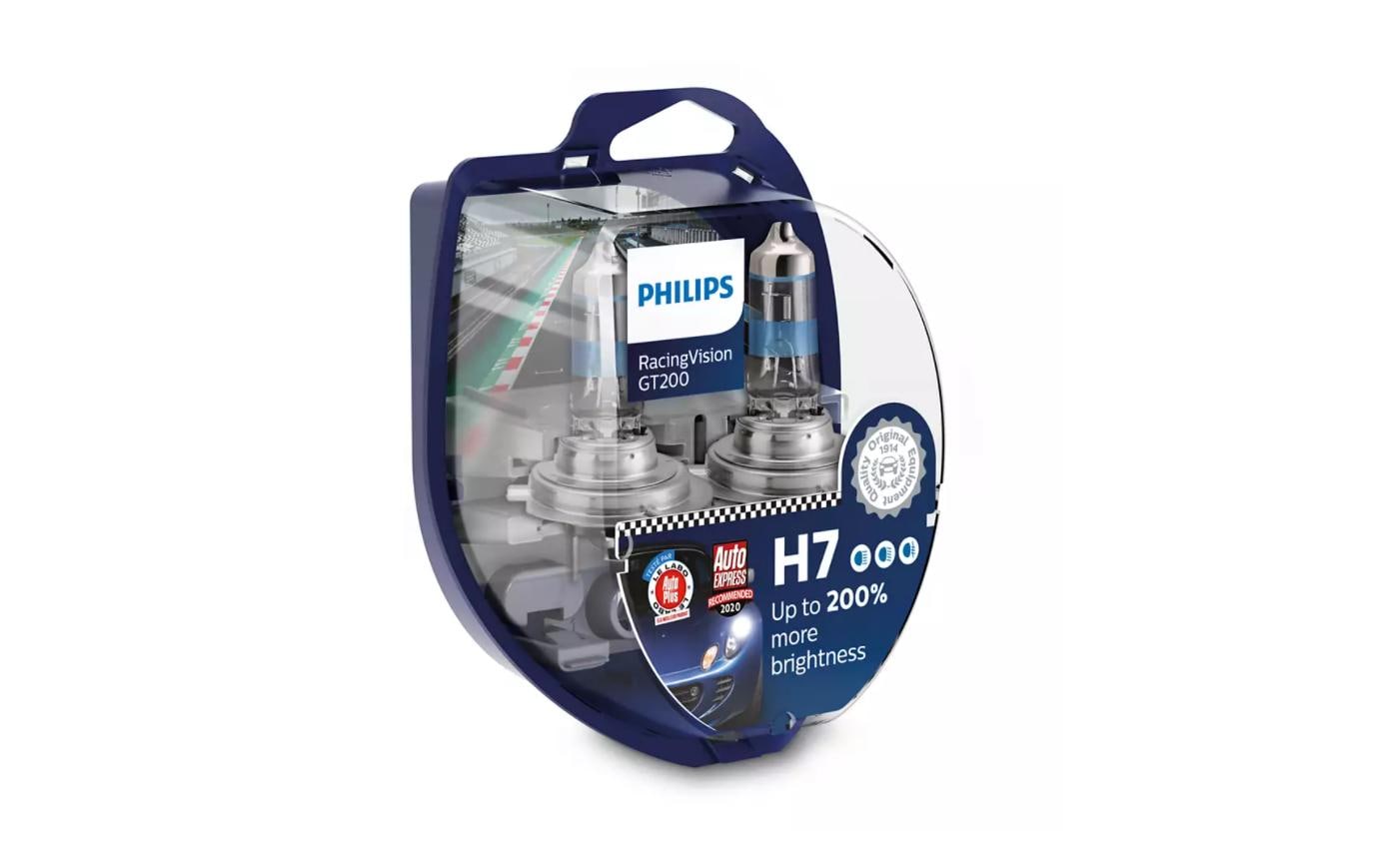 Philips Halogen-Leuchtmittel H7 (PX26d) – 3500 K, 1500 lm, 55 W – 12 V – 2 Stk. – Racing Vision GT200