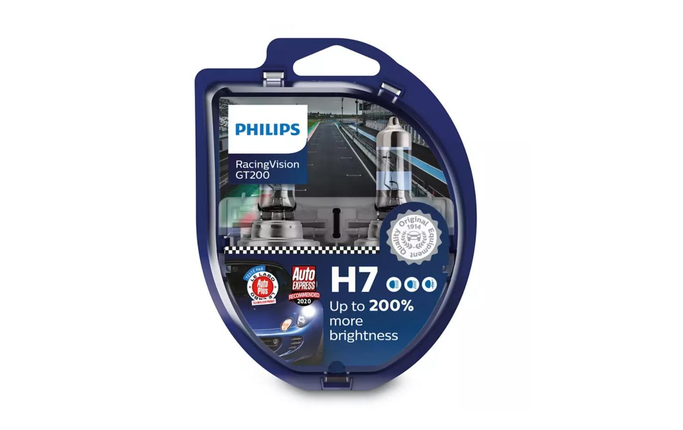 Philips Halogen-Leuchtmittel H7 (PX26d) – 3500 K, 1500 lm, 55 W – 12 V – 2 Stk. – Racing Vision GT200