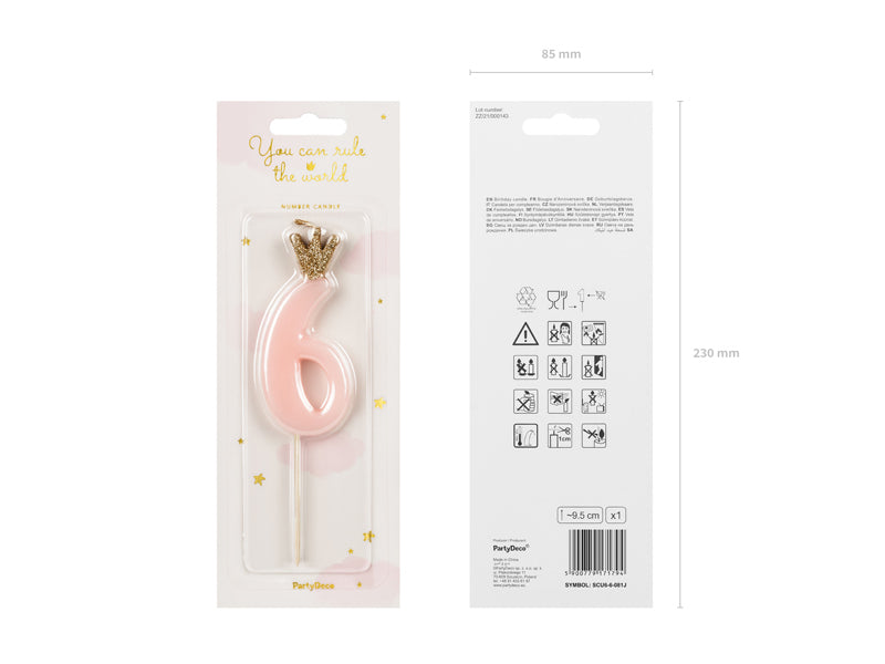 PartyDeco Geburtstagskerzen Zahl 6 – Hellrosa – 5 cm – 1 Stück