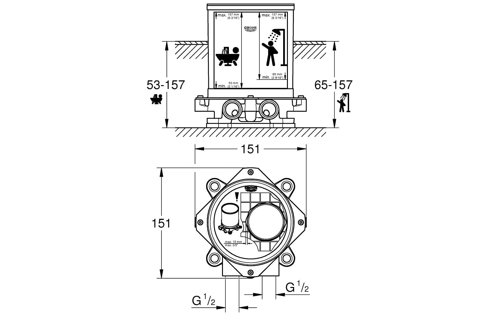 GROHE Rohbauset – 200 × 230 × 190 mm, Messing/Kunststoff, Schwarz, für Waschbecken