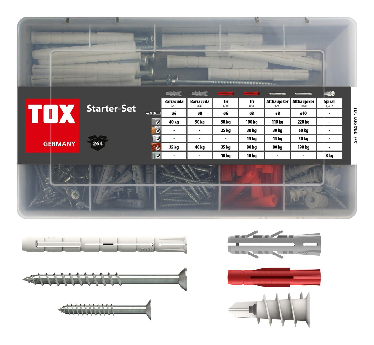TOX Dübel TOX Starter-Set Dübel – Ø 5 × 25 mm, Rund, 264 Stk., für Beton, Sandstein, Vollziegel (Auszug)