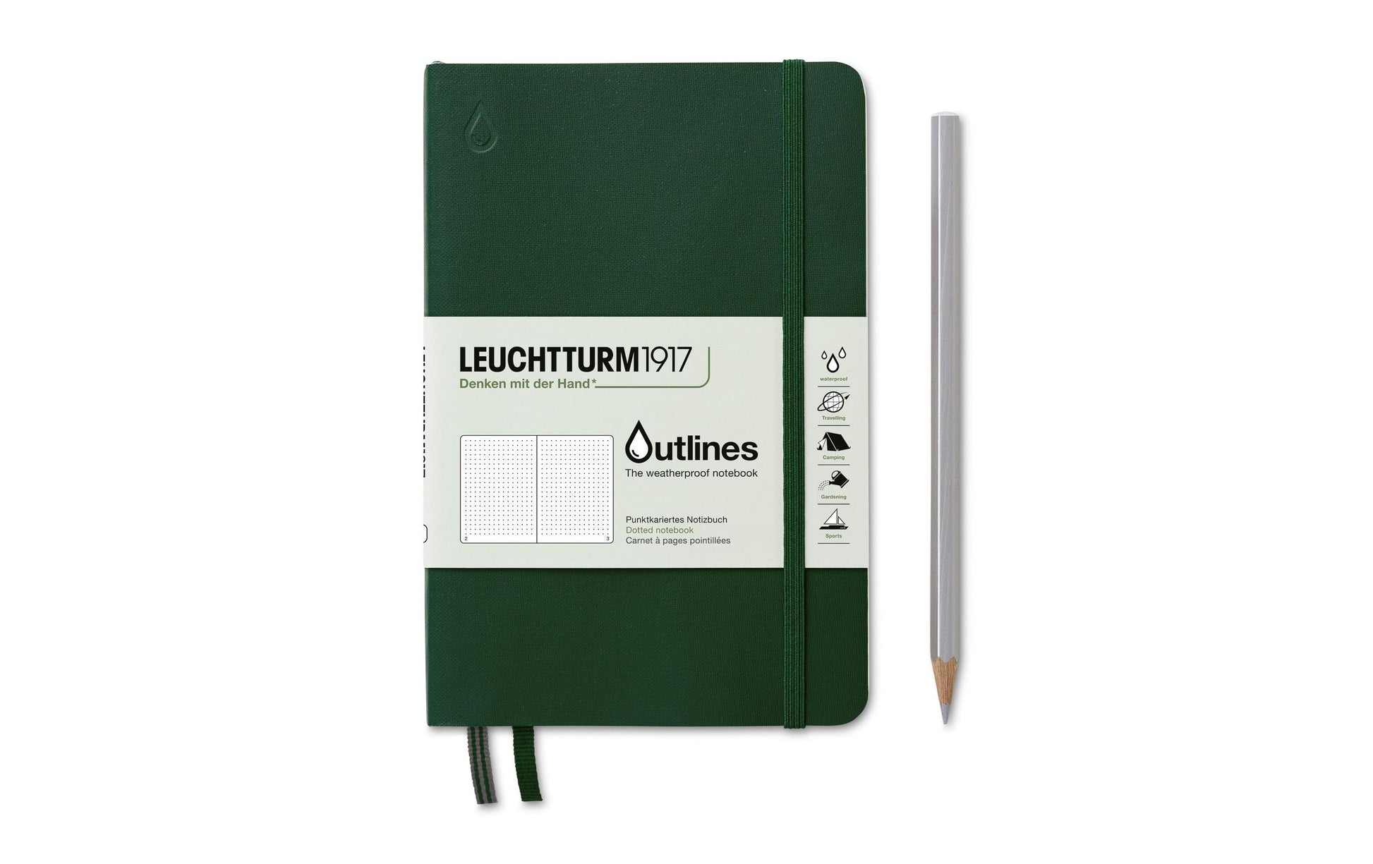 Leuchtturm Outlines Notizbuch – B6+ – punktiert 5 mm – 89 Seiten – 150 g/m² – Hardcover, Gummiband, grün